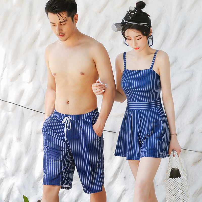 2022 new couple swimsuit women conservative cover belly slim one-piece men's beach pants vacation suit swimsuit