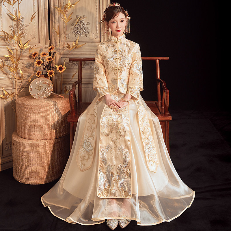 Golden Show Won't suit 2022 new Summer Brides Chinese wedding gown champagne mesh yarn slim show kimono