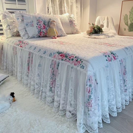 French Lace Bed Skirt Single Piece Pure Cotton Thickened Bedspread Three-Piece Set European Style All-Cotton Non-Slip Bed Cover Pastoral Princess Style