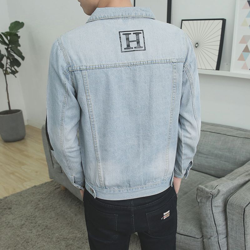 Thêu denim áo khoác nam xã hội tinh thần chàng Slim áo khoác Hàn Quốc phiên bản của xu hướng của người đàn ông màu đỏ nhanh chóng với cùng một đoạn