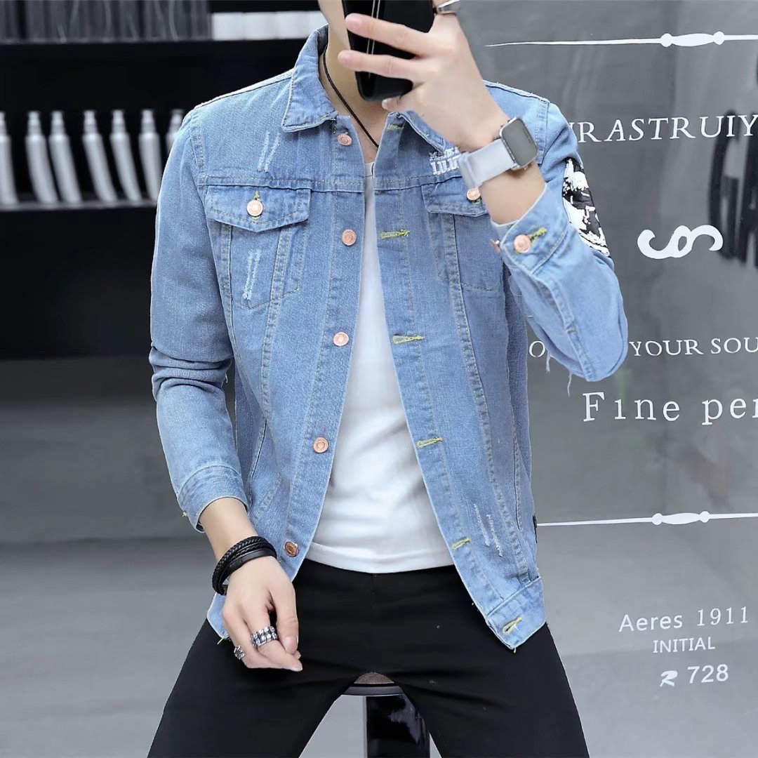 Mùa xuân phần mỏng denim jacket nam slim jacket Hàn Quốc phiên bản của xu hướng của thanh niên đẹp trai hoang dã áo giản dị