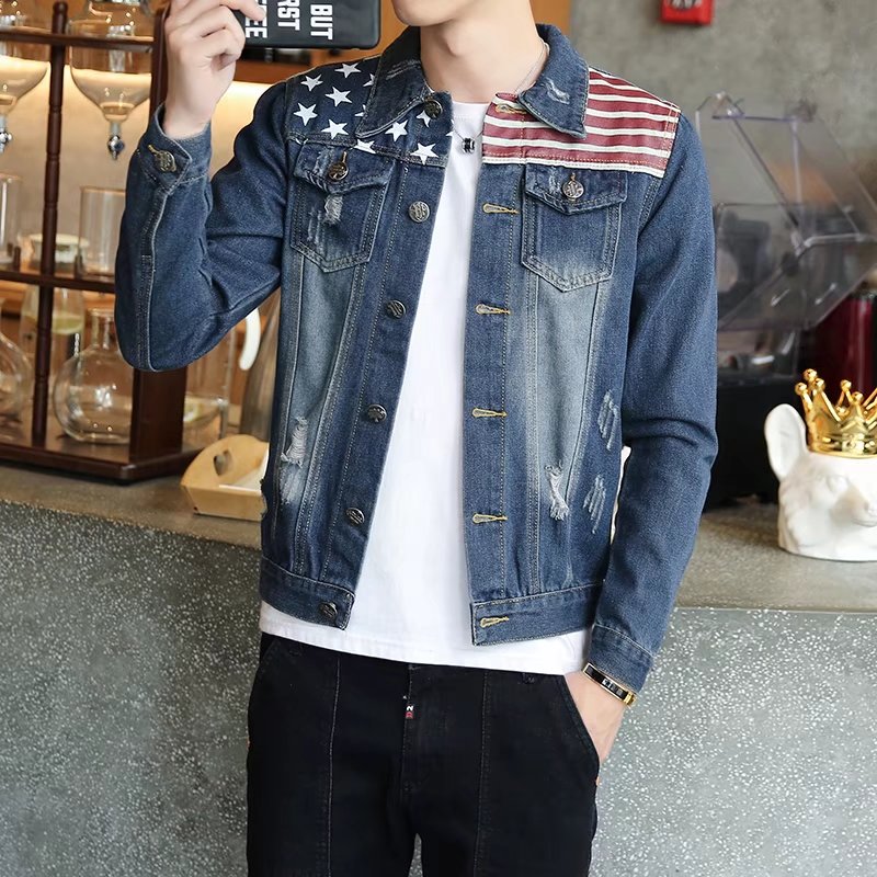 Thêu denim áo khoác nam xã hội tinh thần chàng Slim áo khoác Hàn Quốc phiên bản của xu hướng của người đàn ông màu đỏ nhanh chóng với cùng một đoạn