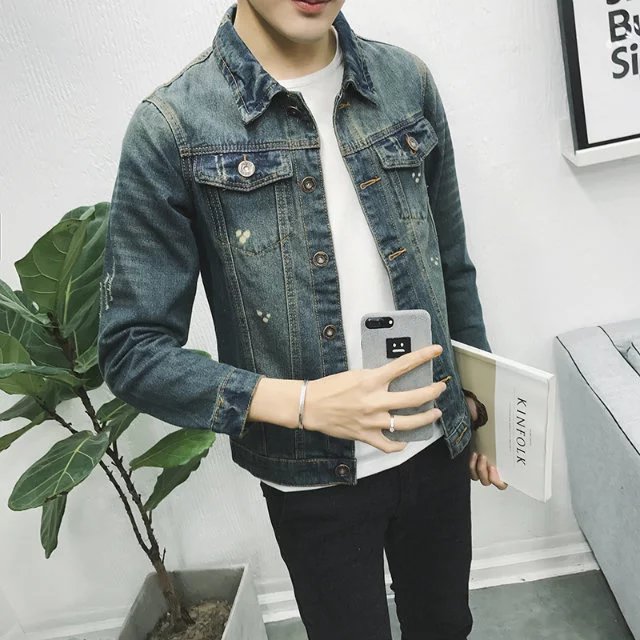 Mùa xuân phần mỏng denim jacket nam slim jacket Hàn Quốc phiên bản của xu hướng của thanh niên đẹp trai hoang dã áo giản dị