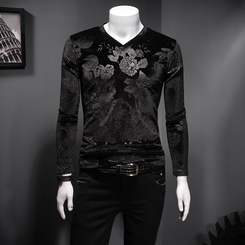 Spring Embossed Velvet V-Neck Men's Long-Sleeve T-Shirt, Korean Style Slim-Fit Sweetheart Neckline Base Shirt, Trendy