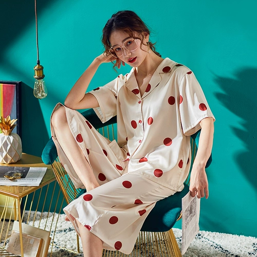 Летняя шелковая пижама, сексуальный тонкий летний комплект, штаны, короткий рукав, большой размер