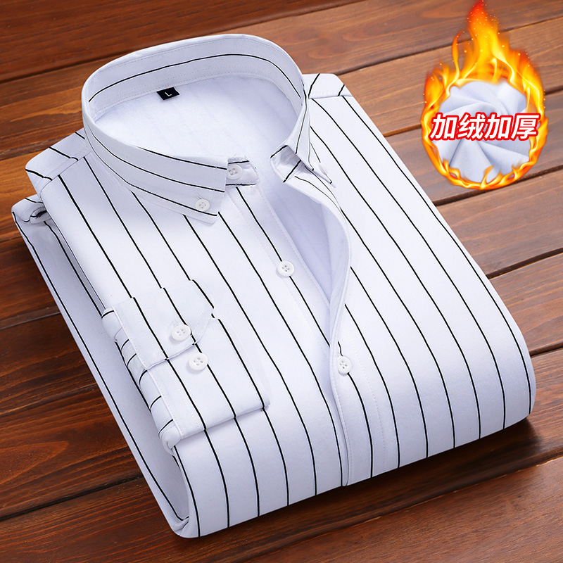 Autumn Winter Teen Plus Suede Thickening section Long sleeves striped shirt Shirts Men Business Casual Warm Blouse Men
