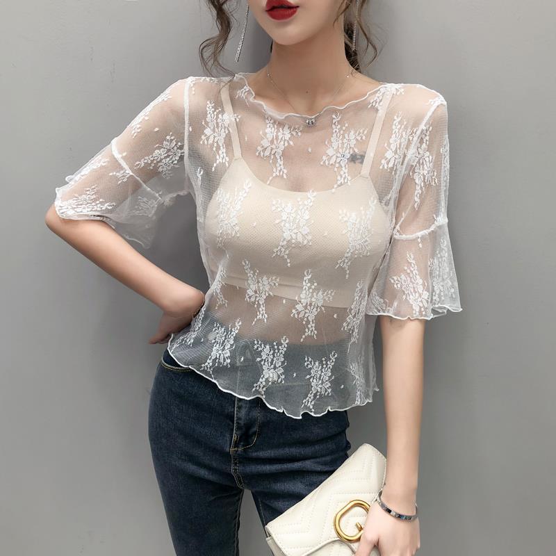 See-Through Lace Base Shirt for Women, Short-Sleeved T-Shirt, 2025 Style, Sheer Inner Layer, Fairy-Like Hollow Mesh Top