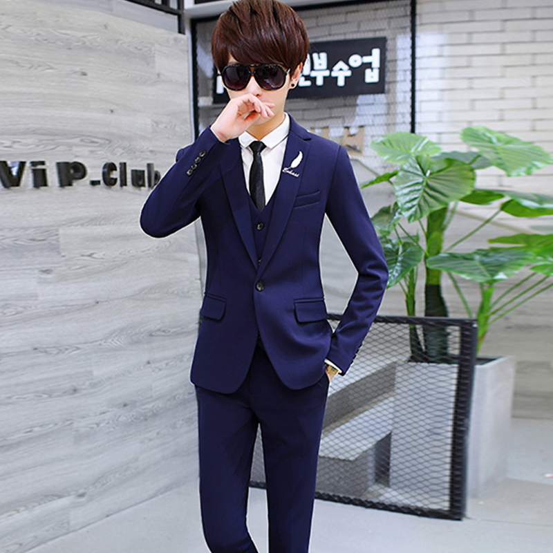 Teen suit Men's suit Three-piece suit dress Groom wedding best man group casual clothing Solid color jacket