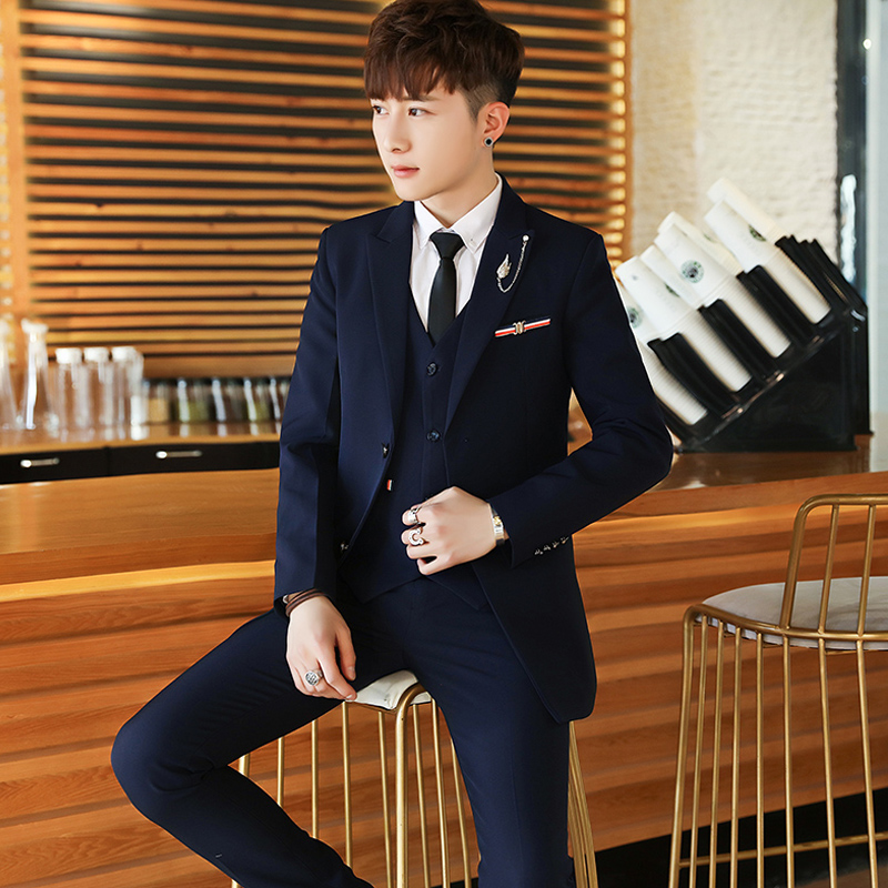 Suit suit men's Korean version slim small suit three-piece set male teen groom wedding dress groom band tide