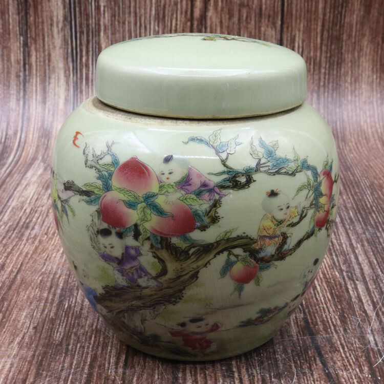 Qingtong Powder Color Nine Seeds Peach Tea Leaves Jar Cover Jar Ancient Play Antique Imitation Antique Porcelain Home Swing Accessories Collection