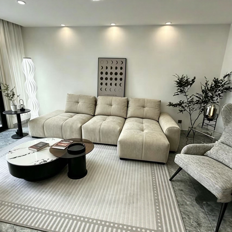 Chenille Pixel Fabric Sofa, French Cream Style, Living Room Straight Row Adjustable Modular Chaise Sofa, Tofu Block
