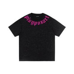 Pisypox American High Street Style Starry Sky Neckline Letter Print High-End Pure Cotton Short-Sleeved T-Shirt, Unisex