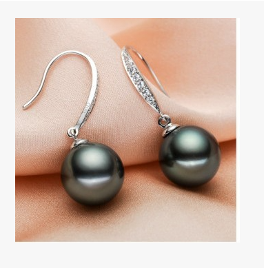 Sea water Tahiti black and green pearl powder earrings 925 tremella hook ear needle earrings high-quality diamond-studded earrings glare