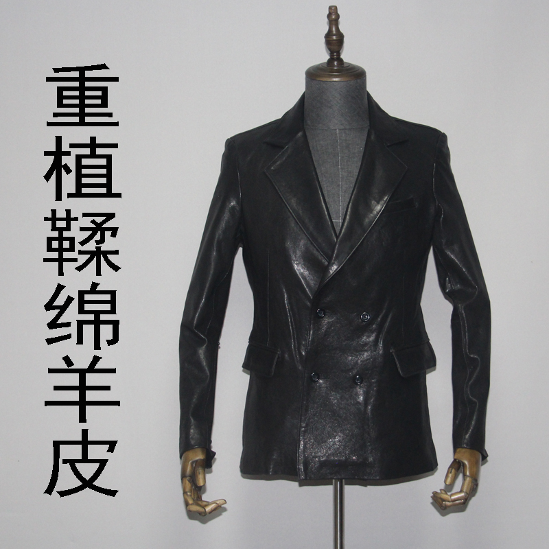 Replanted Tannic Sheep Genuine Leather Leather Clothing Male sashimi with short double-row buttoned casual Western suit jacket Korean version with slim fit