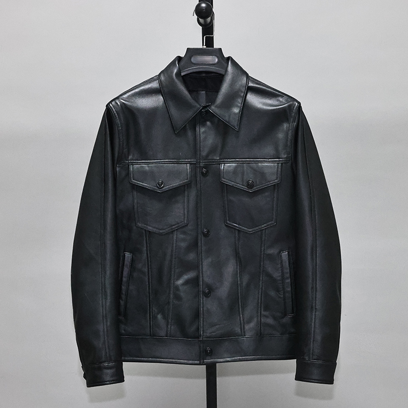 Light wash as old head layer sheep genuine leather leather clothing male body short youth casual turning over jeans jacket jacket poplar jacket popo-Taobao