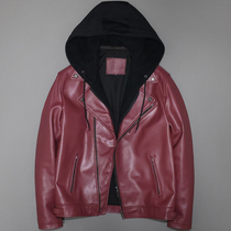 Water dyed first layer cowhide removable hood genuine leather leather jacket mens slim short wine red mens jacket motorcycle jacket linen