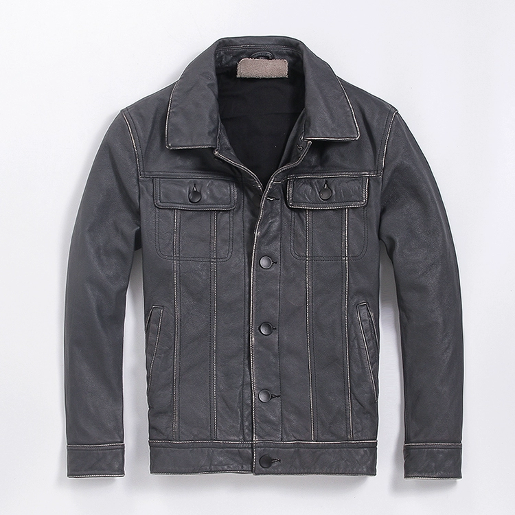 Da nam ngắn thế hệ thứ ba denim Ami 咔叽 retro cũ lớp da bò đầu máy áo khoác