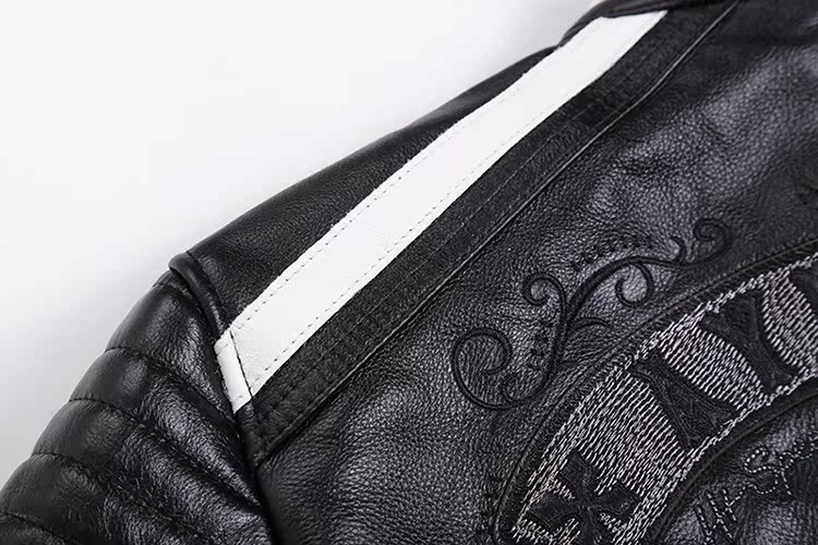 Da bò Thêu Da Da Nam Slim Slim White Strip Jacket Áo khoác xe máy nặng Quần áo đứng Cổ áo Kích thước lớn Mặc nam áo khoác nam