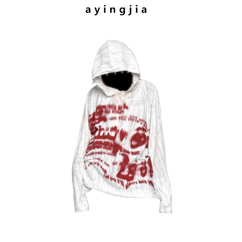 In Stock! (Same Style as Shi Kai) Blood Letter Hoodie with Rock Punk Text Print, Pearl Button Hooded Sweatshirt, Thin for Autumn