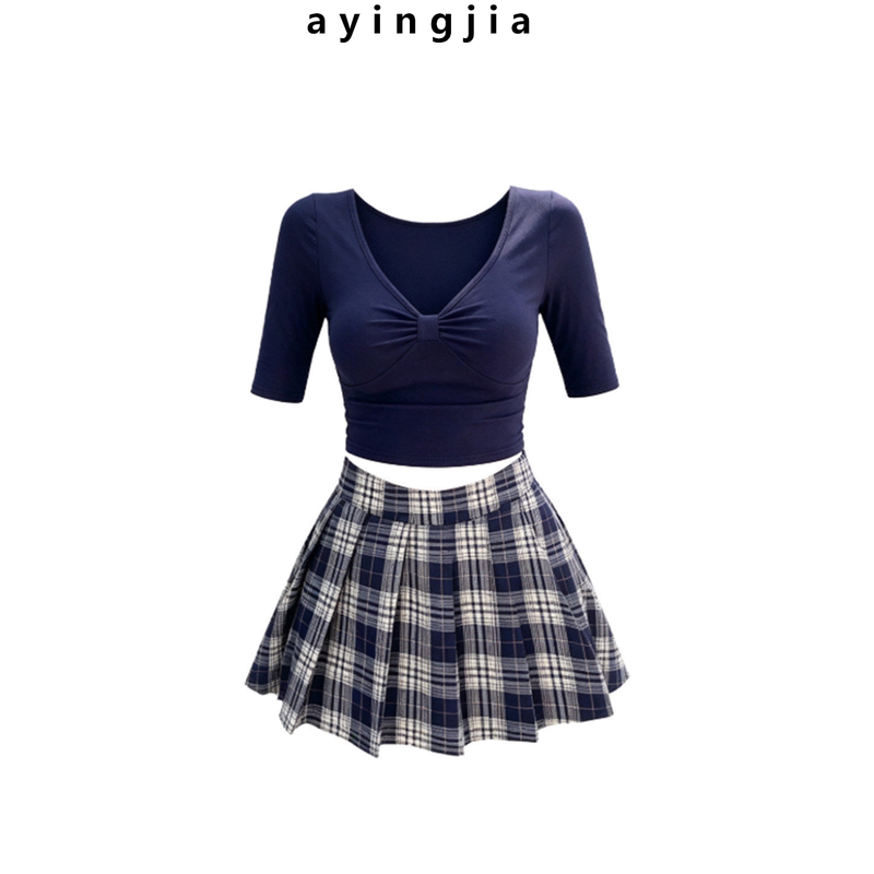 In Stock! Korean-Style College-Style Outfit for Women: Spicy Girl Twist V-Neck Mid-Sleeve Top + Plaid Pleated Skirt Set