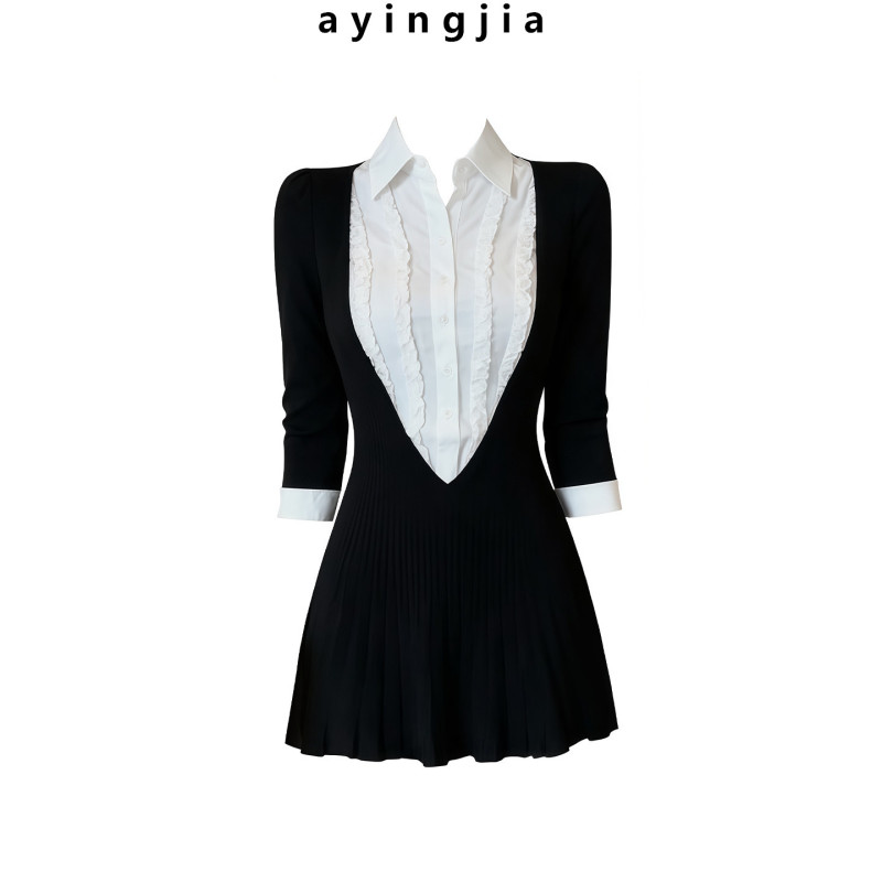 New York Yigao Knitted Dress for Women, Inner Dress, Fake Two-Piece, Patchwork Shirt Collar Dress, Pleated Skirt, Has Arrived New York Yigao Knitted Dress for Women, Inner Dress, Fake Two-Piece, Patchwork Shirt Collar Dress, Pleated Skirt, Has Arrived