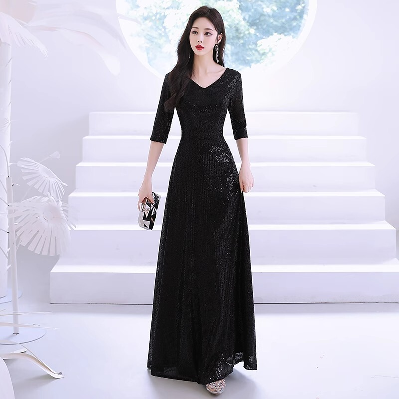 Black High-Elastic Shiny Annual Meeting Host Choir Performance Conductor Women's Long Adult Dress Daily Performance Dress