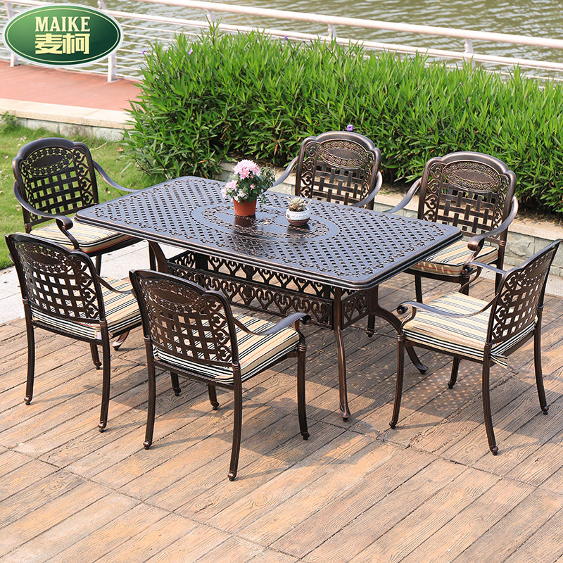 Maike outdoor courtyard Garden Cast aluminum table and chair Wrought iron rectangular table table and chair seven-piece set with swivel chair dining table combination