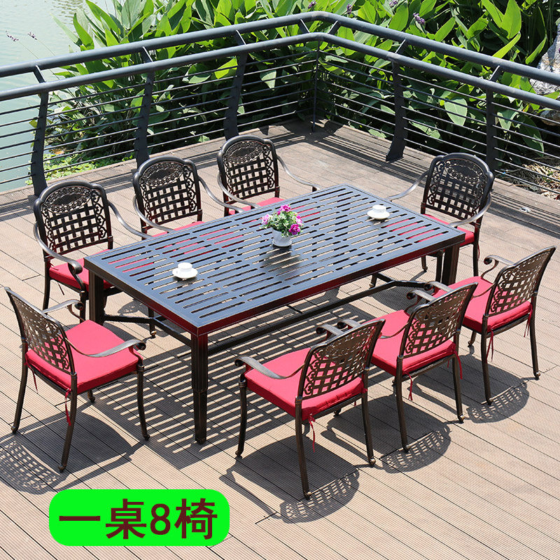 Large outdoor dining table and chair for 8 people. Outdoor tile 2 meters long table, terrace, dining combination, aluminum table, lawn, 1 table and 8 chairs
