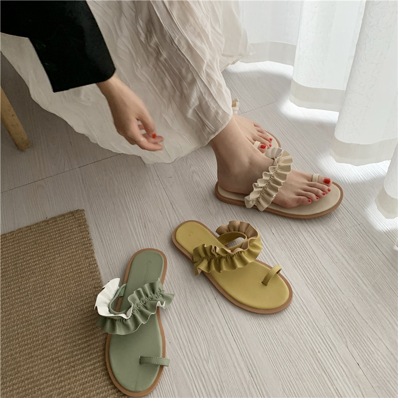 Đặc biệt cung cấp thông tin phản hồi ~ set toe nhẹ nhàng cổ tích nhỏ sen lá ren mềm đế Hàn Quốc dép phẳng dép dép nữ giày - Dép giày dép
