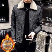 Leather jacket mens winter thickened Korean fashion casual Lamb hair warm plus velvet PU overcoat Tide brand cotton coat