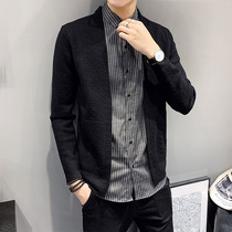 Mens sweater spring and autumn trend Korean cardigan fake two knitted shirt shirt handsome Japanese thin thread coat
