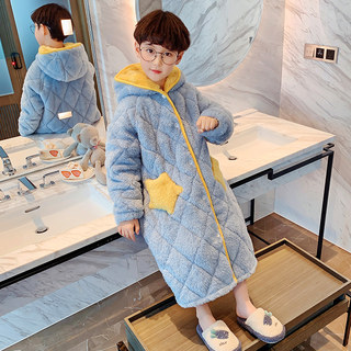Children's pajamas, winter thickened pajamas, boys' bathrobes, quilted boys' flannel solid color warm home clothes