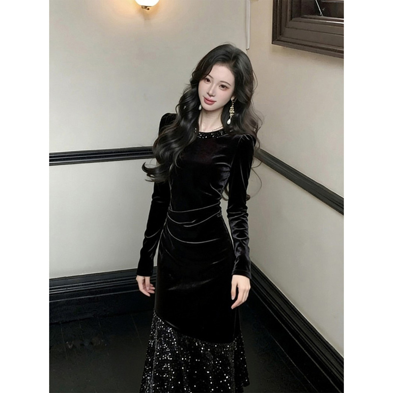 French-Style High-End Velvet Sequin Mermaid Dress for Women, 2026 Spring and Autumn New Luxury Heavy-Duty Sequin Mid-Length Dress French-Style High-End Velvet Sequin Mermaid Dress for Women, 2026 Spring and Autumn New Luxury Heavy-Duty Sequin Mid-Length Dress