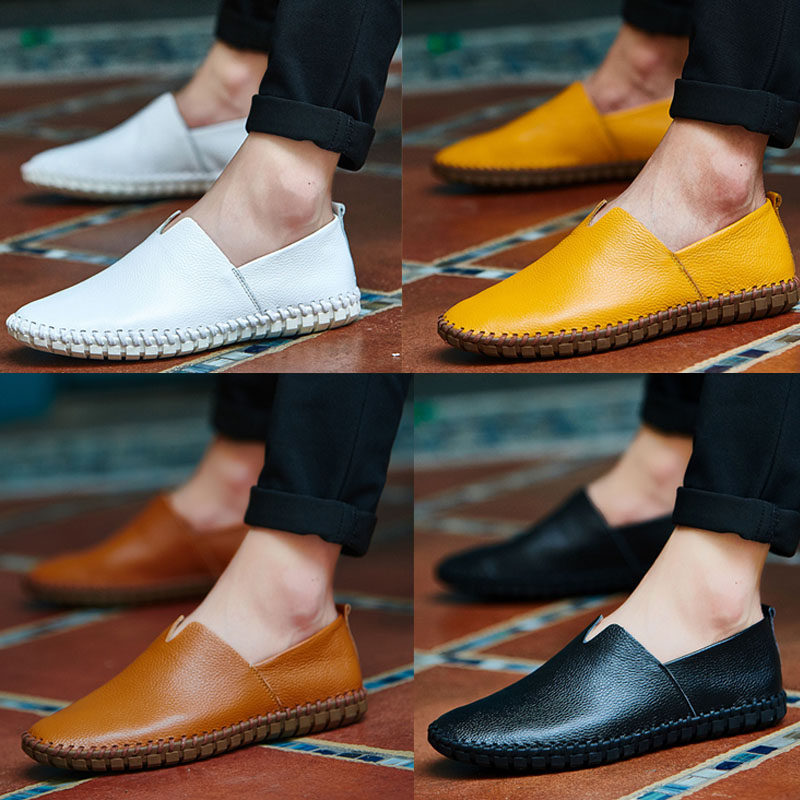 Men's leather white beanie shoes men's Korean board wild youth trend summer lazy soft bottom soft leather casual leather shoes