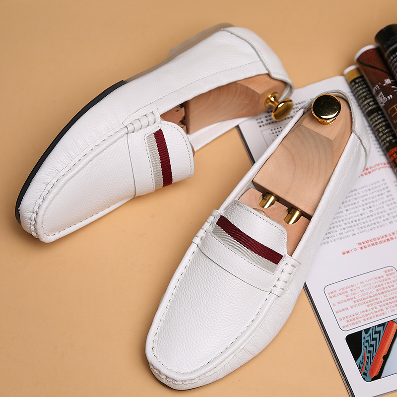 Head-layer cow leather egg roll white men's bean-bean shoes Men's genuine leather Han version Soft bottom sloth One foot pedal casual leather boom