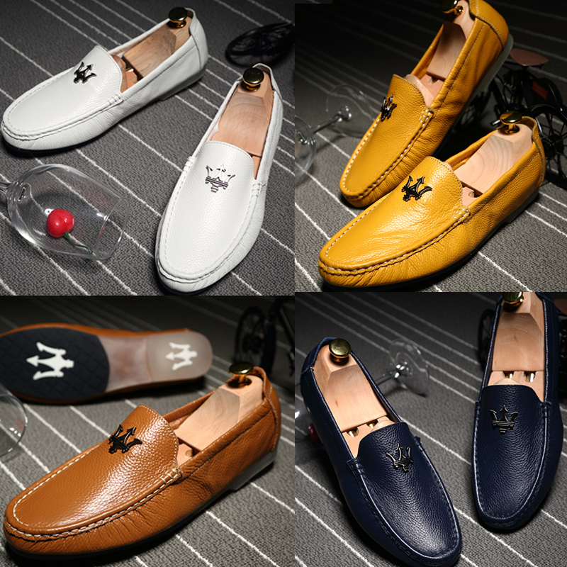 First layer cowhide white beanie shoes men's leather summer one pedal Korean version of the trend lazy soft bottom casual leather shoes tide