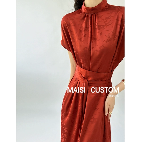 Красное летнее платье, ретро длинная юбка, ципао, китайский стиль, городской стиль, яркий броский стиль, по фигуре