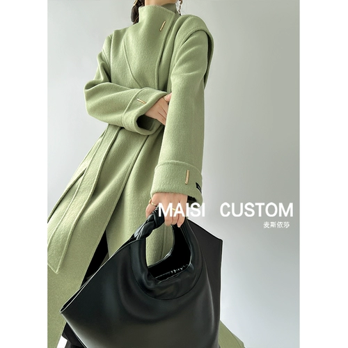 Зеленое двусторонное кашемировое демисезонное длинное шерстяное шерстяное пальто, изысканный стиль, городской стиль