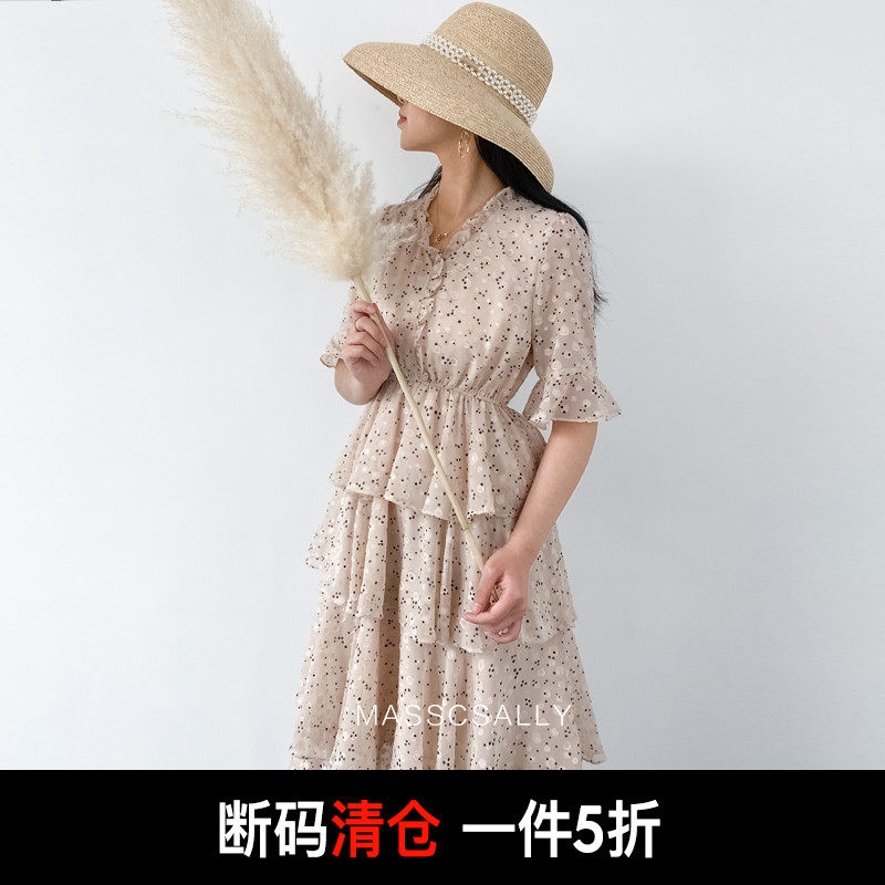 Picking up floral chiffon dress women's summer French cake skirt long skirt waist slimming temperament long skirt