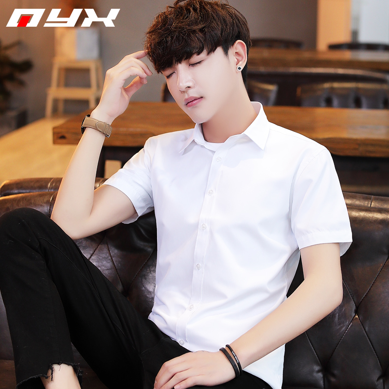 Summer men short sleeve shirt teen Korean version of body pure color white shirt boy little fresher art inch wave