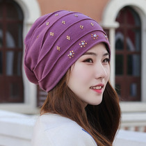 Hats female autumn and winter rhinestones cute Korean version of large size head cap Baotou ear protection Moon hat pregnant women warm hat