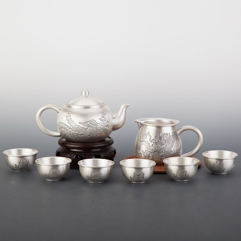 Dragon Phoenix Chengxiang 999 Silver Teapot Sterling Silver Large Capacity Silver Pot Tea Ceremony Home A set of sterling silver tea sets