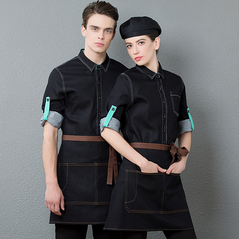Waiter long-sleeved men's and women's work clothes Western restaurant catering uniform Fast food restaurant hotel staff clothing Denim autumn and winter clothing