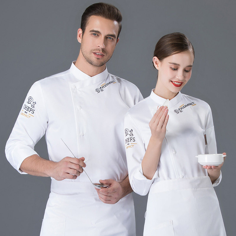 Pure cotton high-end pure white chef clothing long-sleeved men's kitchen noodles baked after the kitchen hotel dining room autumn and winter