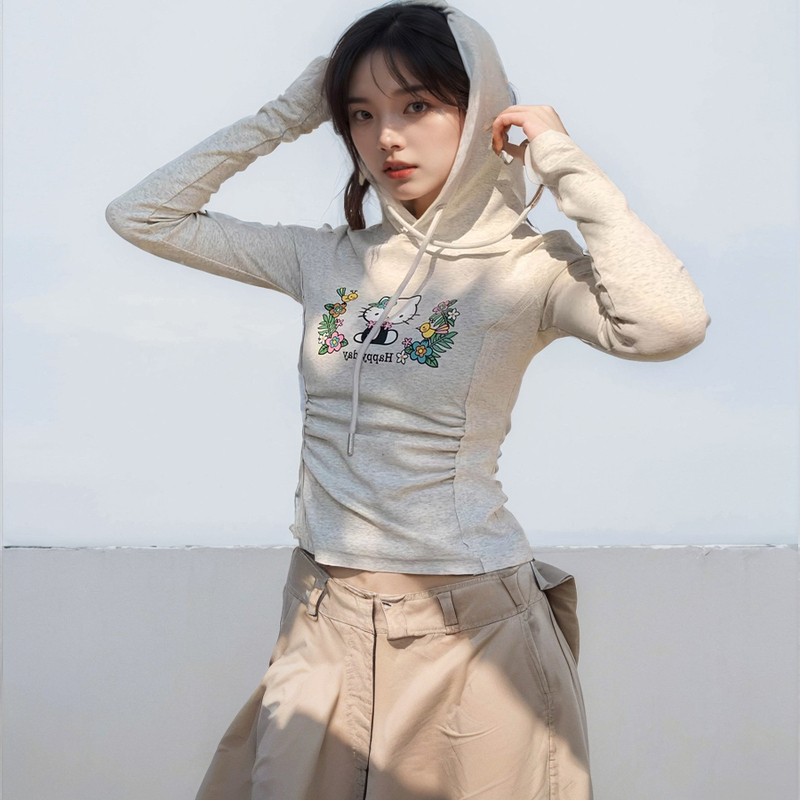 In Stock Age-Reducing Cartoon Kt Cat Print Pleated Slim-Fit Drawstring Hooded Long-Sleeve T-Shirt Top