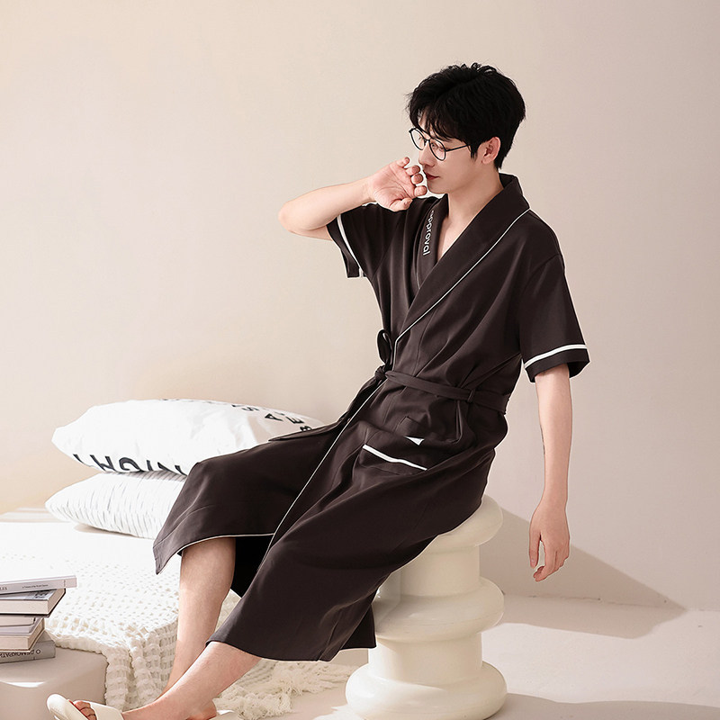 Pure Cotton Men's Summer Thin Short-Sleeved Mid-Length Large Size Bathrobe Men's Casual Robe Pajamas Home Wear