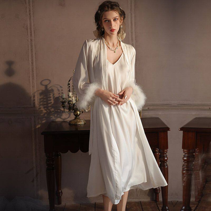 Silk Pajamas for Women, French-Style White High-End Feathered Bridal Robe Set, Summer Sexy Long Strap Nightgown, Loungewear