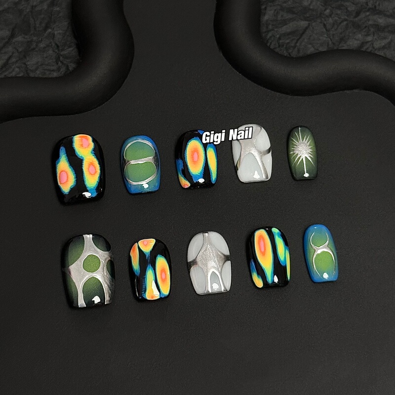 Niche Art Thermal Imaging Elements, Metallic Style, Contrasting Colors, Wearable Nails, Colorful Gradient, Handmade Wearable Nails
