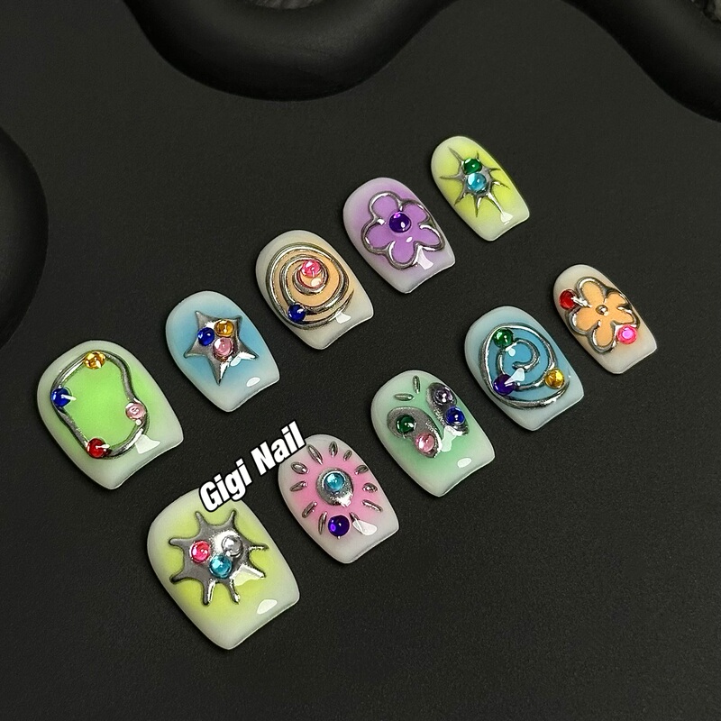 Gigi Nail Art Dopamine Colorful Short Nails Wearable Nails Cute Sweet Cool Metal Design Cute Handmade Wearable Nails