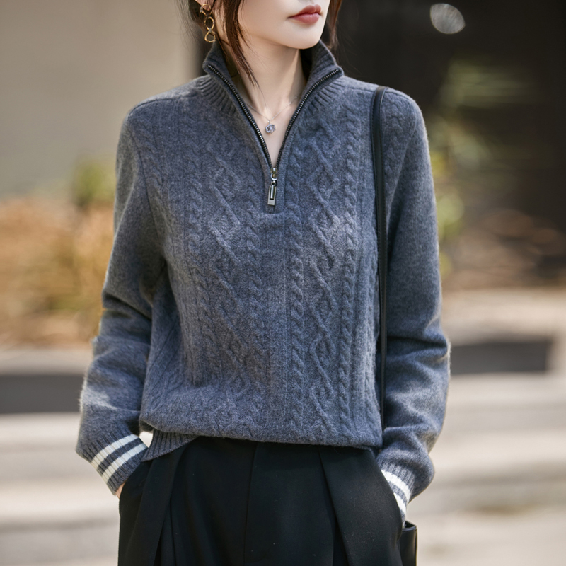 100% Pure Wool College-Style Stand-Up Collar Half-Zip Wool Sweater for Women, Cable Knit Pullover Sweater, Base Layer Sweater